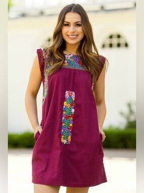 J MARIE S Bridget Dress • Rainbow Floral Embroidered Yoke Boho Mini Tunic Wine